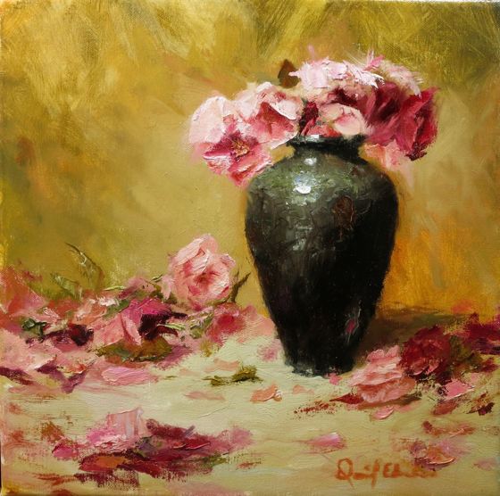 Black Vase with Flowers and Petals