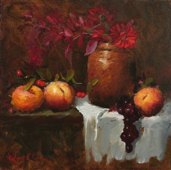 Red Daisies and Peaches Study